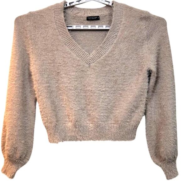 Emerson Lang Fuzzy Knit Sweater Women's Large Beige V-Neck Soft Pullover - Picture 2 of 9